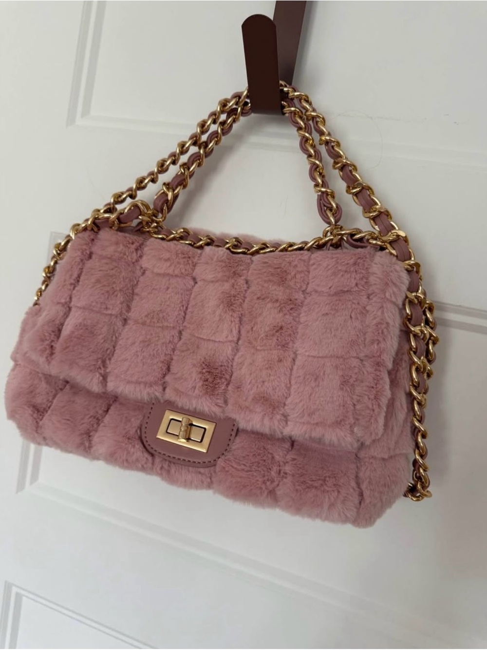 Plush Quilted Faux-Fur Shoulder Bag in Dusty Pink